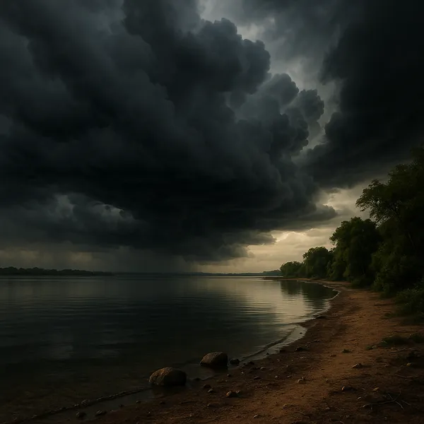 Enjoy an online jigsaw puzzle designed for browser play, featuring a dramatic nature scene of a lakeshore under towering storm clouds.