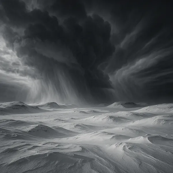 Enjoy an online jigsaw puzzle designed for browser play, featuring a stark, wintry nature scene of snow-swept dunes beneath an ominous sky.