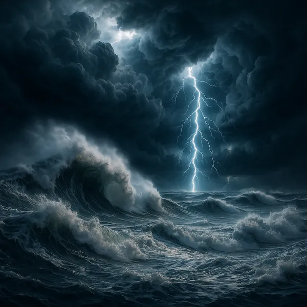 Enjoy an online jigsaw puzzle designed for browser play, featuring a dramatic nature scene of a stormy ocean lit by a bolt of lightning.