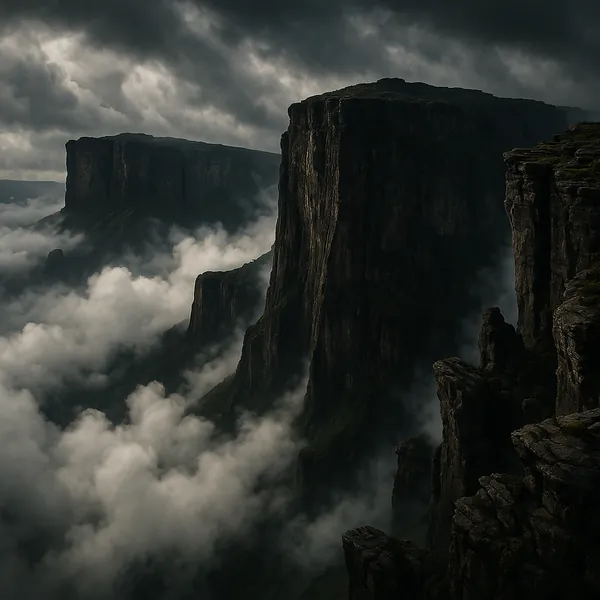 This online jigsaw puzzle features a dramatic nature scene of towering cliffs and swirling mist, ready to play right in your browser.