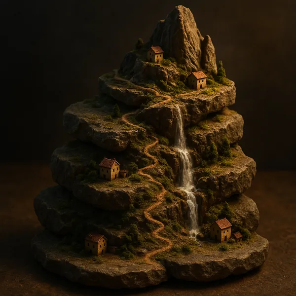 Enjoy an online jigsaw puzzle designed for browser play, featuring a miniature tiered mountain landscape with a quaint village and a gentle waterfall.