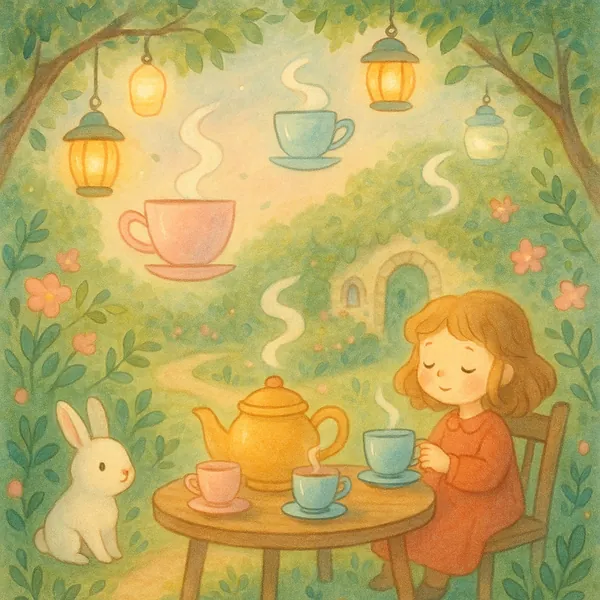 Enjoy an online jigsaw puzzle designed for browser play, featuring a whimsical tea party in nature with a cozy child, a white rabbit, and floating teacups.