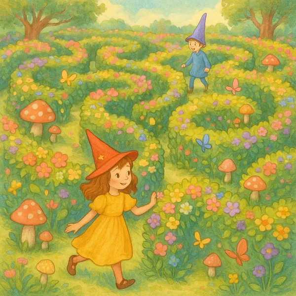 Enjoy an online jigsaw puzzle designed for browser play, featuring a whimsical nature scene where children explore a flowery, storybook maze full of gentle fant