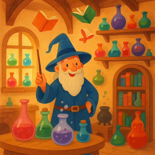 Here’s an online jigsaw puzzle you can play in your browser, focused on a charming fantasy scene of a friendly wizard in his cozy workshop.