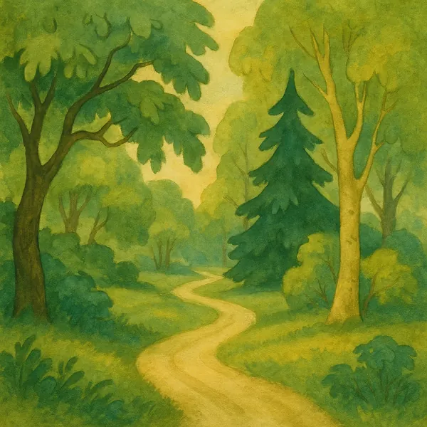 Enjoy an online jigsaw puzzle designed for browser play, featuring a peaceful forest scene full of trees and a winding path.
