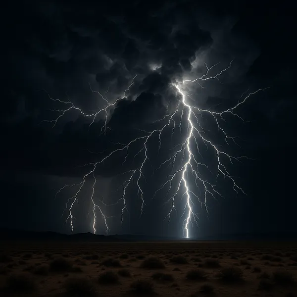 Enjoy an online jigsaw puzzle designed for browser play, featuring a dramatic nighttime thunderstorm with brilliant forked lightning slicing through heavy storm