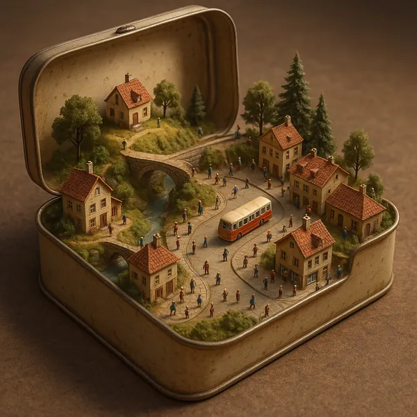 Enjoy an online jigsaw puzzle designed for browser play, featuring a charming miniature village diorama neatly arranged inside an open tin.