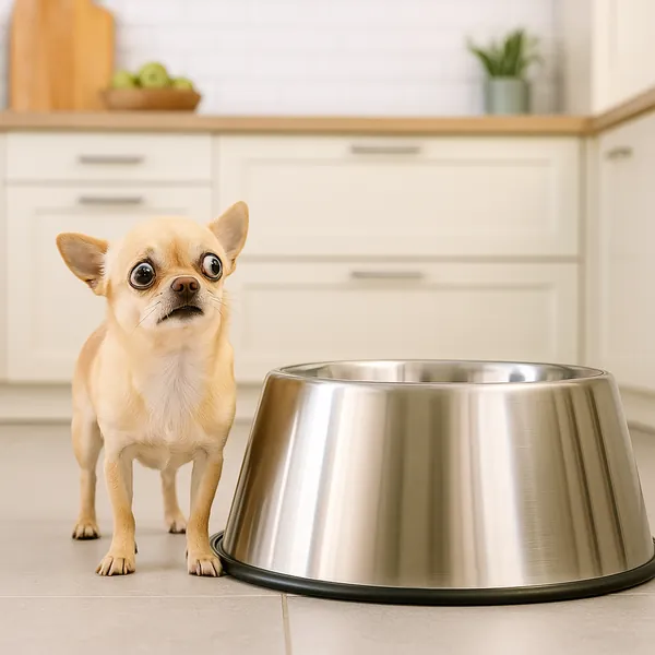 This online jigsaw puzzle features a small chihuahua standing beside a shiny metal food bowl in a bright, homey kitchen — a charming animals-and-food scene to e