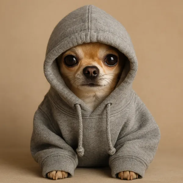 Enjoy an online jigsaw puzzle designed for browser play, featuring a charming pet portrait of a small dog in a hoodie.