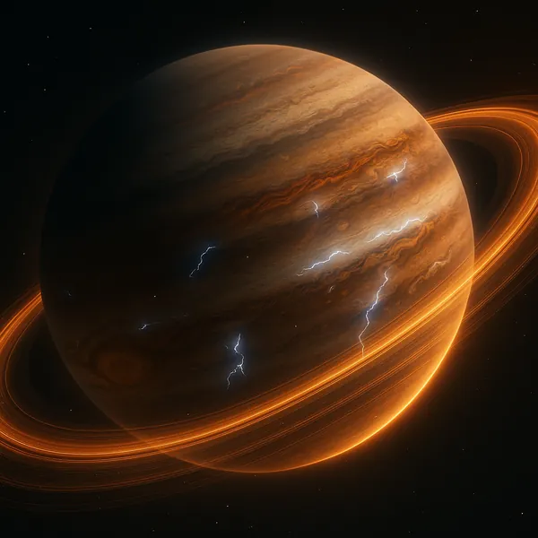 Enjoy an online jigsaw puzzle designed for browser play, featuring a dramatic space scene of a ringed gas giant.