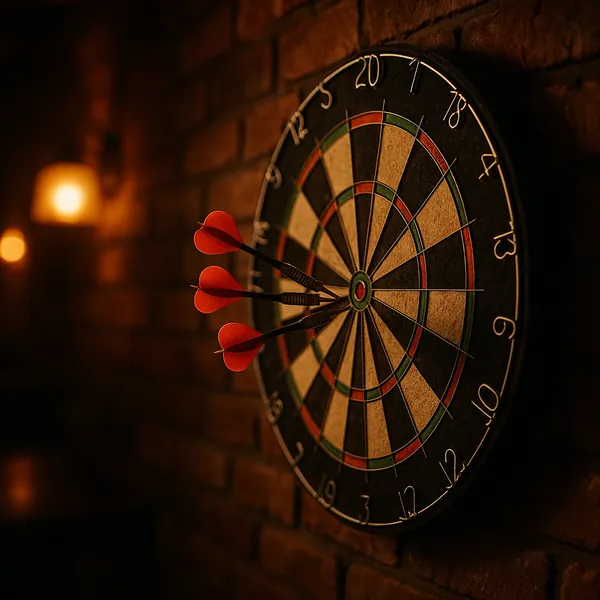 This online jigsaw puzzle features a close-up of a classic dartboard scene, perfect for fans of games and cozy interiors.