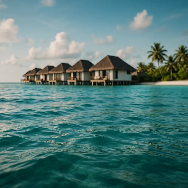 Enjoy an online jigsaw puzzle designed for browser play, featuring a tranquil tropical beach scene with overwater bungalows.