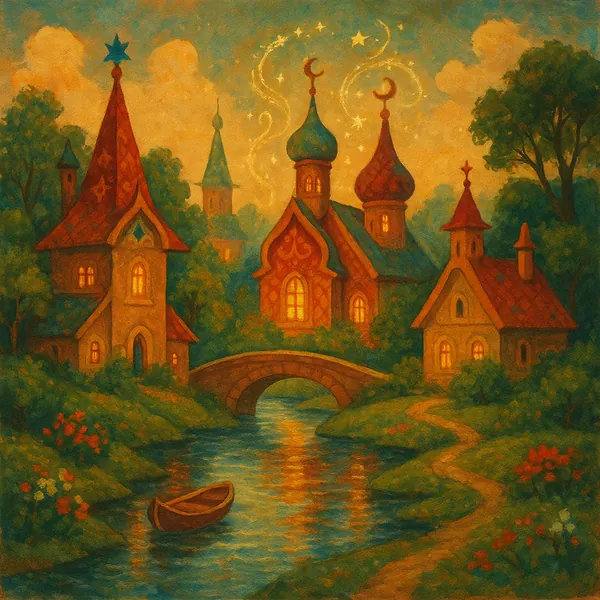 Enjoy an online jigsaw puzzle designed for browser play, featuring a cozy fantasy village scene that blends art and nature.
