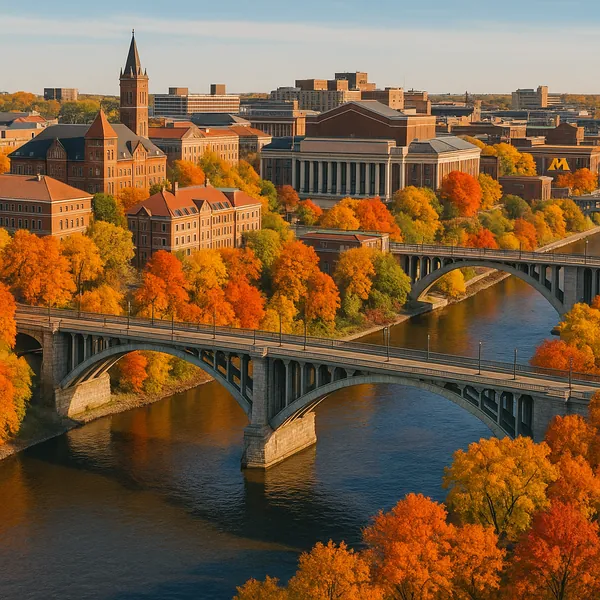 This online jigsaw puzzle features a serene cityscape in warm autumn tones, perfect for browser play.