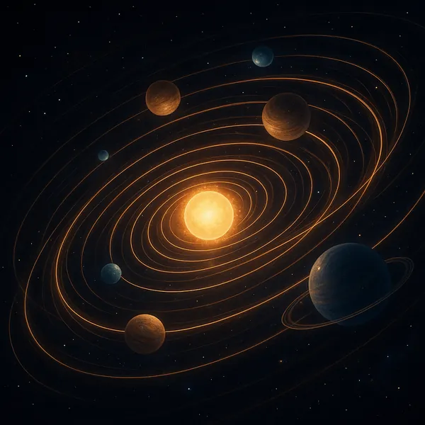 Enjoy an online jigsaw puzzle designed for browser play, featuring a stylized space scene of a glowing star and its orbiting planets.