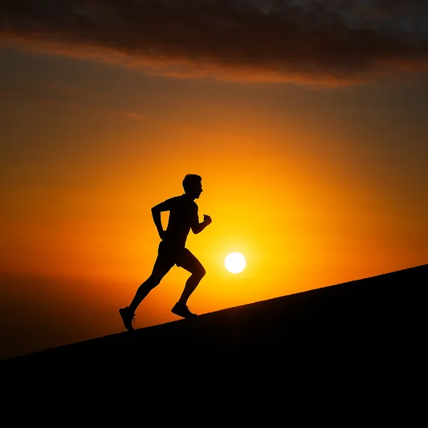 Enjoy an online jigsaw puzzle designed for browser play, featuring a striking silhouette of a runner against a sunset sky that blends nature and sport.