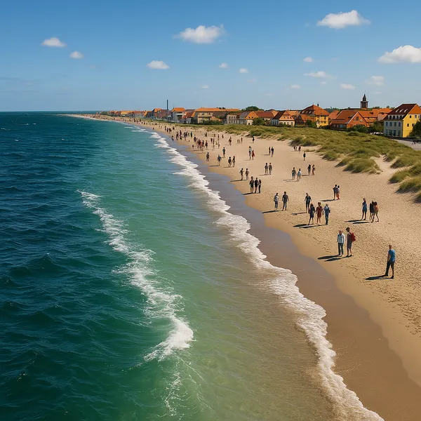 Enjoy an online jigsaw puzzle designed for browser play, featuring a sunlit seaside scene of a coastal town and its sandy beach.