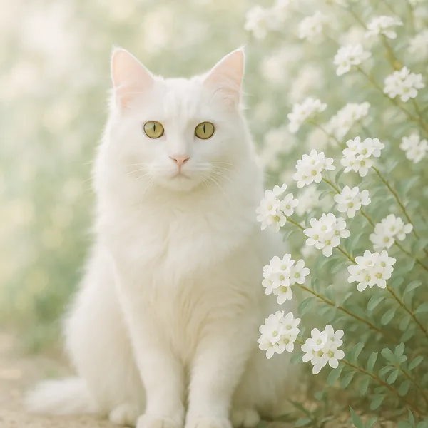 This online jigsaw puzzle features a serene scene of a fluffy white cat set among delicate white blossoms, a gentle blend of animals and nature for browser play