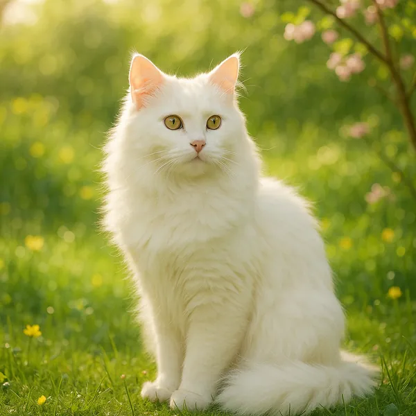 This online jigsaw puzzle features a serene portrait of a fluffy white cat set against a sunlit garden, perfect for animal and nature lovers to enjoy in the bro