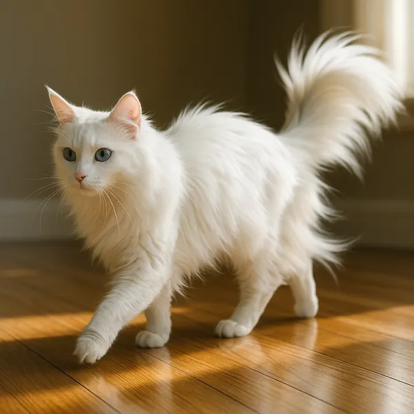 Enjoy an online jigsaw puzzle designed for browser play, featuring a beautiful white long-haired cat in a cozy indoor scene — perfect for animal lovers and pet-
