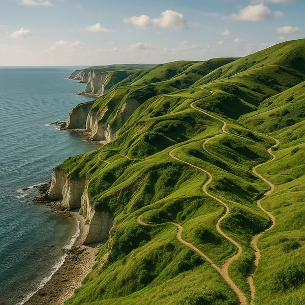 Enjoy an online jigsaw puzzle designed for browser play, featuring a serene coastal landscape of rolling green hills and chalk cliffs.