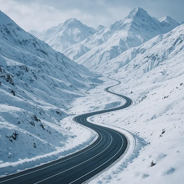 Enjoy an online jigsaw puzzle designed for browser play, featuring a serene winter landscape of snow-covered mountains and a winding road.