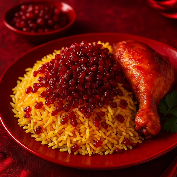 Enjoy an online jigsaw puzzle designed for browser play, featuring a warm food scene of golden rice topped with jewel-like red berries and a glazed chicken drum