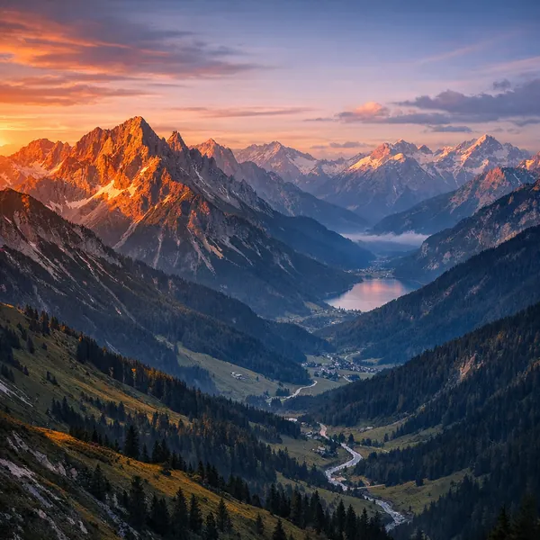 Enjoy an online jigsaw puzzle designed for browser play, featuring a dramatic mountain valley at sunset that celebrates nature and landscape beauty.