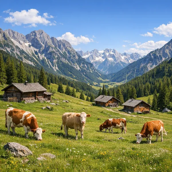 Enjoy an online jigsaw puzzle designed for browser play, featuring a serene alpine countryside scene full of nature and rustic charm.