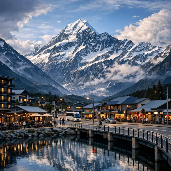 Enjoy an online jigsaw puzzle designed for browser play, featuring a charming mountain town set against dramatic snow-capped peaks.