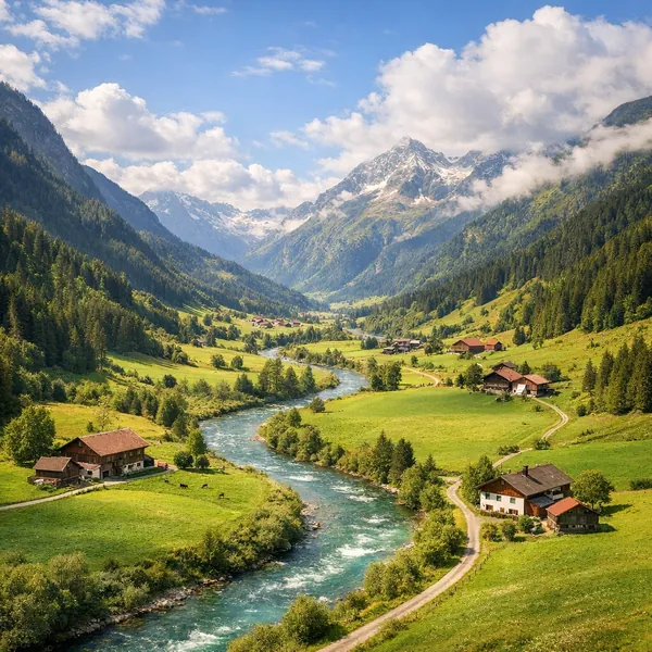 Enjoy an online jigsaw puzzle designed for browser play, featuring a serene mountain valley scene that celebrates nature and countryside charm.