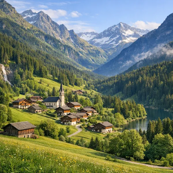 Enjoy an online jigsaw puzzle designed for browser play, featuring a peaceful alpine village nestled in lush mountain nature.