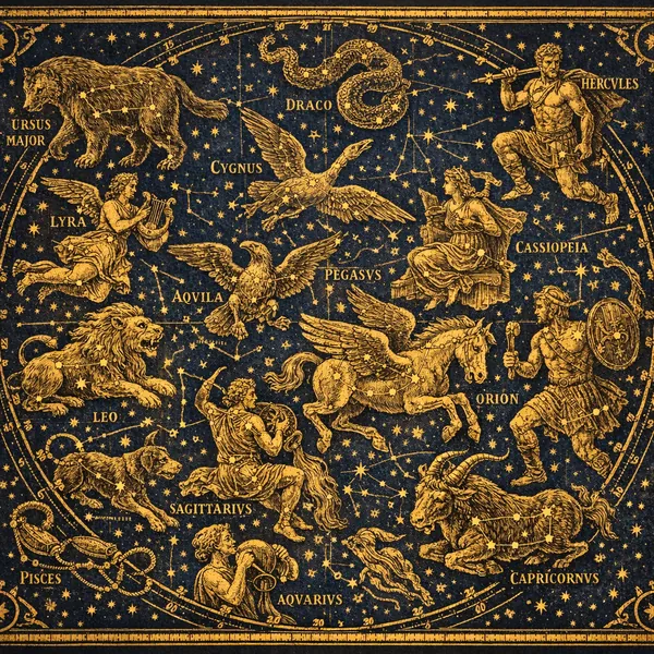This online jigsaw puzzle features a vintage celestial map of constellations, perfect for fans of astronomy, mythology, and starry skies.