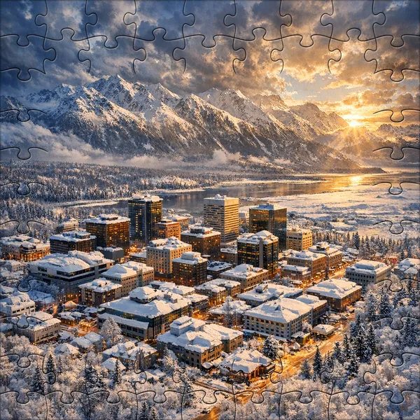 Enjoy an online jigsaw puzzle designed for browser play, featuring a snowy mountain cityscape at golden hour.