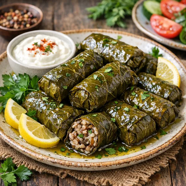 Enjoy an online jigsaw puzzle designed for browser play, featuring a mouthwatering food scene of stuffed grape leaves on a rustic plate.