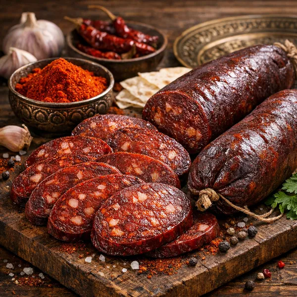Enjoy an online jigsaw puzzle designed for browser play, featuring a richly textured food scene of spicy cured sausage and charcuterie accents.