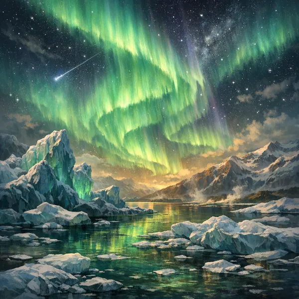 Enjoy an online jigsaw puzzle designed for browser play, featuring the luminous northern lights dancing over a dramatic, frozen landscape.
