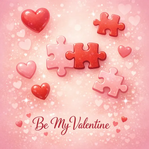 Enjoy an online jigsaw puzzle designed for browser play, featuring a romantic Valentine’s Day theme filled with hearts and puzzle pieces.