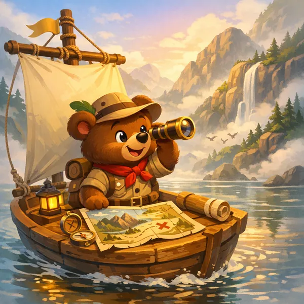 This online jigsaw puzzle features a charming animal scene of a young bear adventurer sailing through a mountain lake perfect for lovers of nature and whimsical