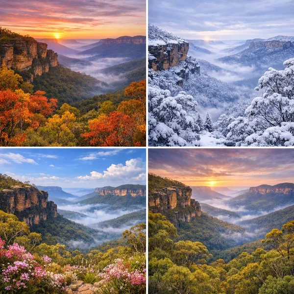 Enjoy an online jigsaw puzzle designed for browser play, featuring a breathtaking nature scene that contrasts four seasonal views of the same mountain valley.