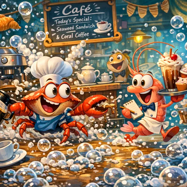 Enjoy an online jigsaw puzzle designed for browser play, featuring a whimsical seaside café scene where cheerful crustacean characters serve sweet treats and st