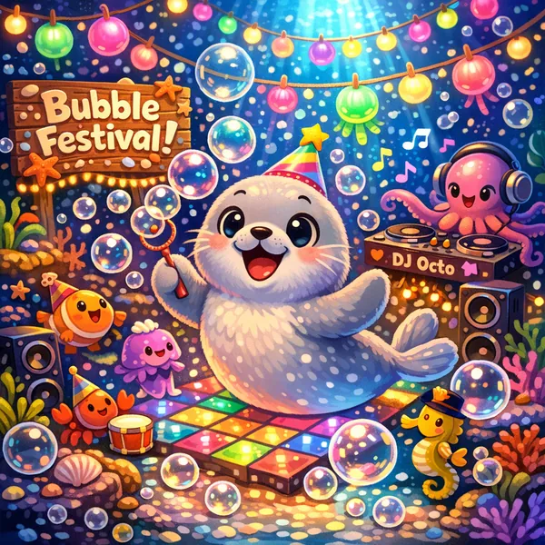 Enjoy an online jigsaw puzzle designed for browser play, featuring a whimsical underwater animal party filled with bubbles and bright decorations.