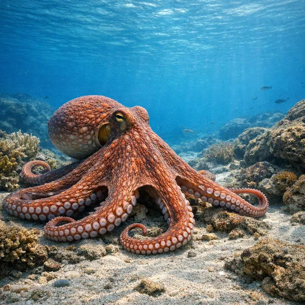 Enjoy an online jigsaw puzzle designed for browser play, featuring a detailed underwater animal scene of an octopus resting on a coral-strewn seabed.