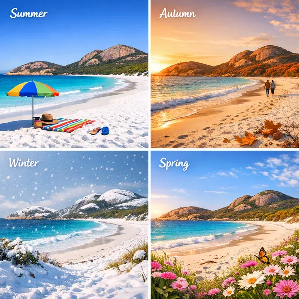 This online jigsaw puzzle features a serene coastal scene reimagined through the four seasons, perfect for nature lovers and beach fans to play in your browser.