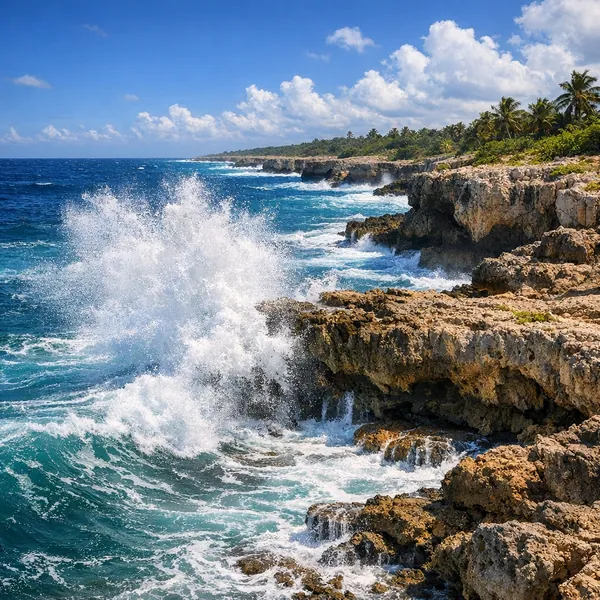 This online jigsaw puzzle features a dramatic coastal scene of rocky cliffs and crashing waves, perfect for lovers of nature and seascapes.