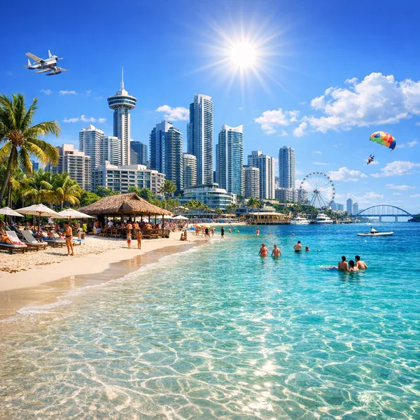 Enjoy an online jigsaw puzzle designed for browser play, featuring a vibrant coastal cityscape where beach life meets a shimmering skyline.