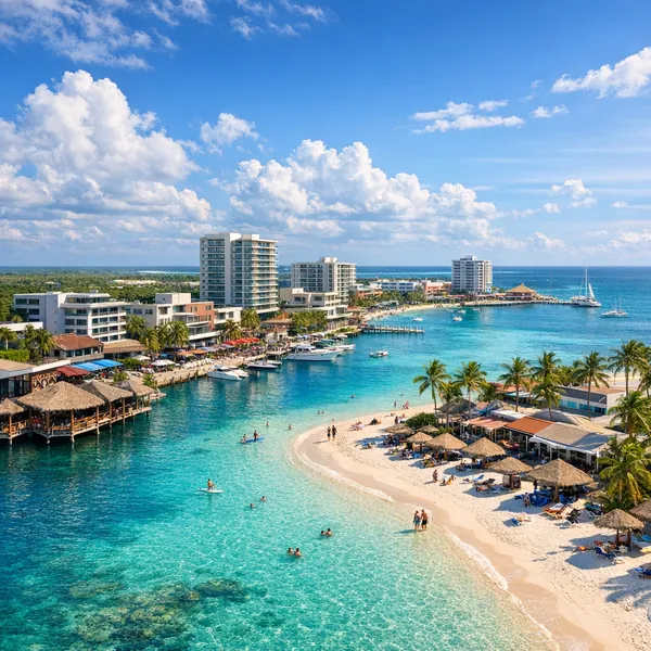 Enjoy an online jigsaw puzzle designed for browser play, featuring a sunlit tropical coastline with a vibrant seaside town.
