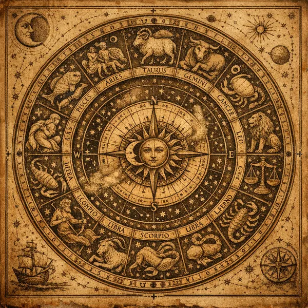 This online jigsaw puzzle features a vintage zodiac wheel and celestial map, perfect for fans of astrology and antique art.