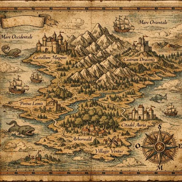 Enjoy an online jigsaw puzzle designed for browser play, featuring a vintage fantasy map full of adventure and artistic detail.