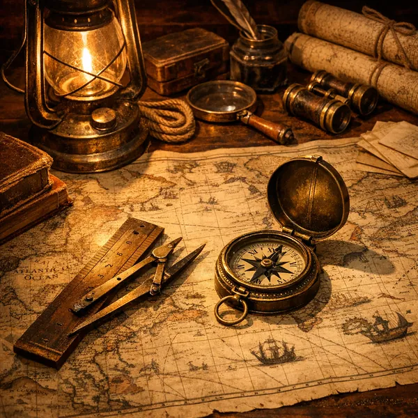 Enjoy an online jigsaw puzzle designed for browser play, featuring a vintage nautical scene of maps and old-world navigation tools.